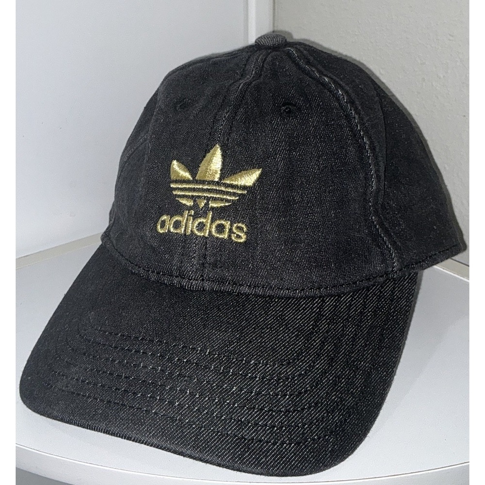 Adidas Hat Cap Strap Back Mens One Size Black Trefoil Logo Denim Baseball